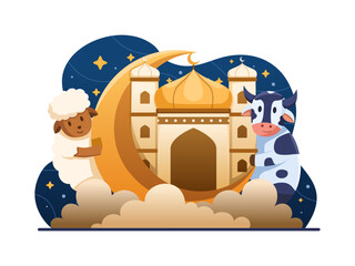 Wall Mural - A vector illustration depicting Eid al-Adha with a cow and sheep gathered around a crescent moon with a mosque at the center.
Suitable for greeting card, postcard, web, banner.