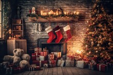 Christmas Stocking On Fireplace Background. Generative Ai
