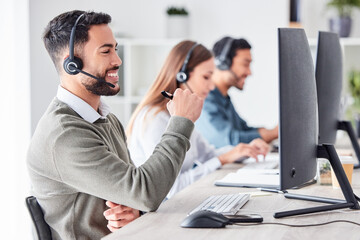 man, call center and working in team office with headset, computer for online customer support, serv