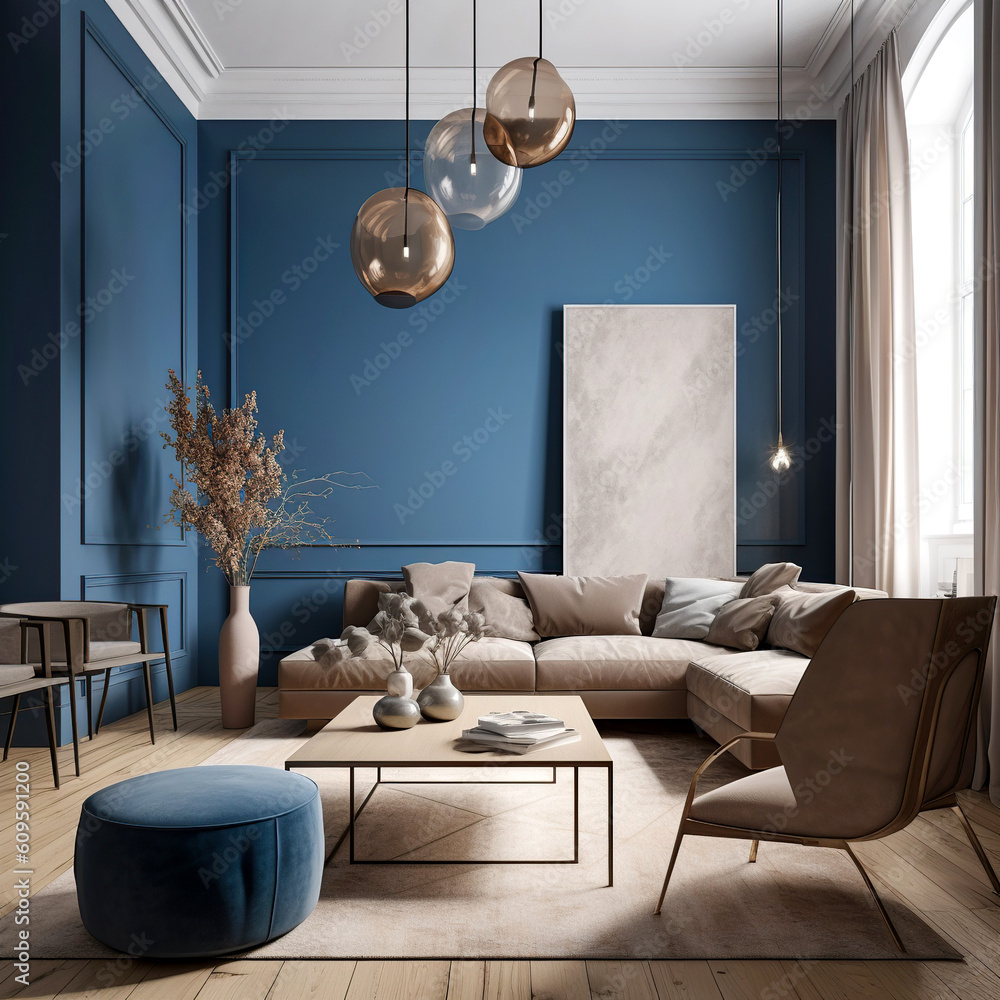 Beige corner sofa in room with dark blue walls. Interior design of ...
