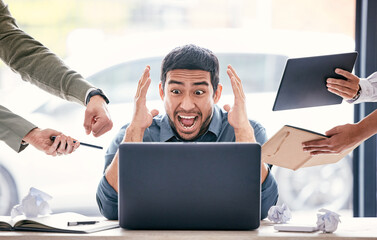 Canvas Print - Stress, angry and business man chaos on computer, mental health risk and frustrated for mistake, 404 error or job fail. Scream, laptop and burnout of manager for time management risk and people hands