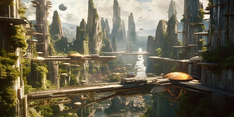 Wall Mural - green eco city concept in the mountains, futuristic high-tech city with advanced infrastructure, sci
