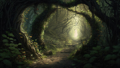 Enigmatic, overgrown path leads deep into forest, bathed in ethereal light filtering through canopy above. Generative AI