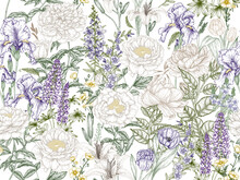 Vector Seamless Pattern Garden In Engraving Style. Rose, Lily, Lupine, Bluebells, Tulip, Peony, Periwinkle, Buttercups, Irises, Veronica