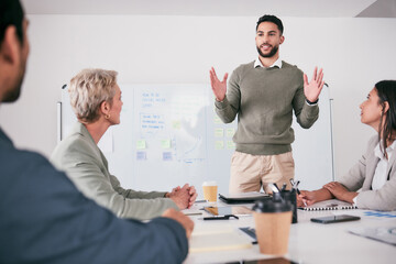Wall Mural - business meeting, manager presentation and people on whiteboard for audience training, coaching and 