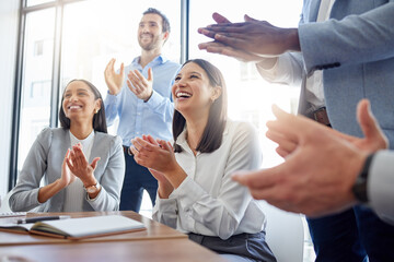 Aufkleber - Success, audience with an applause and in a business meeting at work with a lens flare together. Achievement or celebration, motivation and businesspeople clapping hands for good news or support