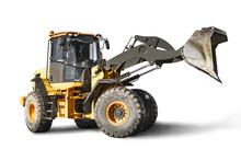 Heavy Front Loader Or Bulldozer On A White Isolated Background. Construction Machinery. Transportation And Movement Of Bulk Materials. Large Bucket For Earth, Sand And Gravel.