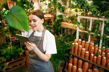 Shop selling flowers startup plants ecobusiness. A young woman in an apron, passionate about her business, a gardener working in the garden uses a tablet.