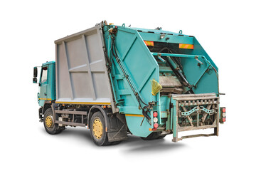 Fototapete - Garbage truck on a white isolated background. Separate collection and disposal of garbage. Vehicle for gathering and disposal of garbage.