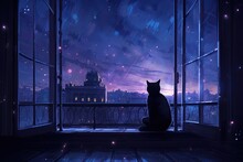 Serene Nighttime Scene With A Cat Sitting On A Windowsill, Gazing At The Moon. Deep Blues And Purples For The Sky And Add Delicate Stars To Create A Dreamy Atmosphere