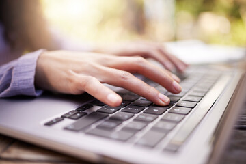 Typing, woman hands and laptop in garden for university research, college application or remote work outdoor. Park, search and person or student on computer of e learning, online education and study