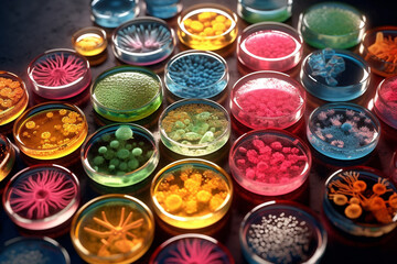Poster - Multiple petri dishes showcasing bacterial colonies of different shapes and sizes, creating a visually striking composition.  Generative AI technology.