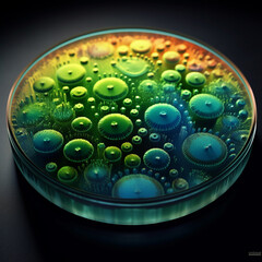 Poster - An agar plate with bacterial colonies displaying a gradient of colors, transitioning from dark blue to light green.  Generative AI technology.