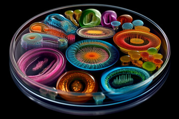 Poster - A petri dish featuring bacterial colonies arranged in concentric rings, with each ring showcasing a different color.  Generative AI technology.