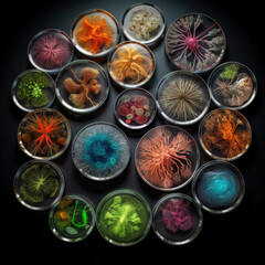Poster - Multiple petri dishes showcasing bacterial colonies that have formed intricate networks and interconnected structures.  Generative AI technology.