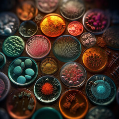 Poster - A close-up image of a petri dish revealing bacterial colonies with distinctive textures, ranging from velvety to fuzzy.  Generative AI technology.