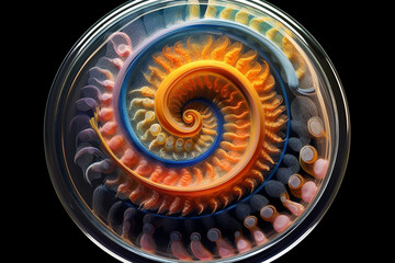 Poster - A petri dish with bacterial colonies arranged in a spiral pattern, reminiscent of a seashell. Generative AI technology.