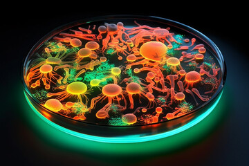 Poster - An agar plate featuring bacterial colonies with a fluorescent glow, adding a surreal and otherworldly element to the image.  Generative AI technology.