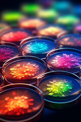Poster - Multiple petri dishes revealing bacterial colonies with iridescent colors, giving the impression of a shimmering rainbow. Generative AI technology.