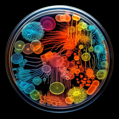 Poster - A macro photograph of a petri dish capturing the vibrant and dynamic growth patterns of bacterial colonies.  Generative AI technology.