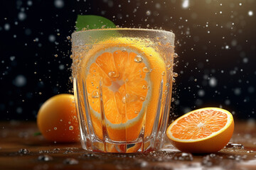 Aufkleber - A glass of freshly squeezed orange juice with droplets of water condensation, Generative AI technology.