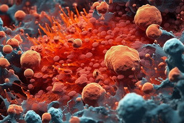 Poster - A bacterial colony with a rough and irregular surface, exhibiting a vibrant red-orange color.  Generative AI technology.