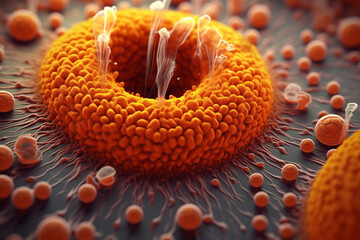 Poster - A bacterial colony with a circular shape and a bumpy surface, exhibiting a vibrant orange color.  Generative AI technology.
