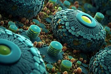 Poster - A spreading bacterial colony with intricate patterns of concentric circles, exhibiting a combination of blue and green hues.  Generative AI technology.