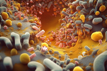 Poster - A large bacterial colony with a flat and irregular shape, featuring a mix of yellow and brown colors.  Generative AI technology.
