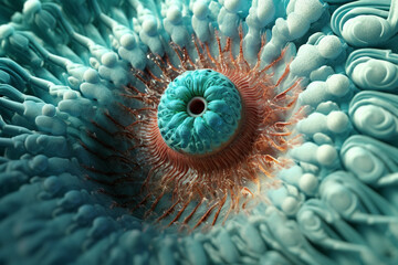 Poster - A bacterial colony with a spiral pattern, resembling a miniature seashell, and displaying a vibrant turquoise color.  Generative AI technology.