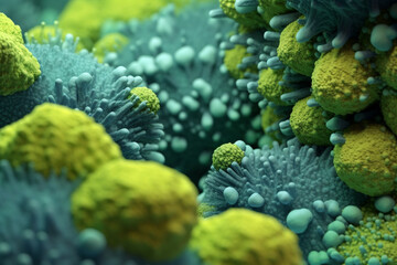 Poster - A bacterial colony with irregular edges and a rough surface, resembling a cluster of small spheres, and displaying a pale green color.  Generative AI technology.