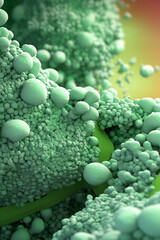 Poster - A bacterial colony with irregular edges and a rough surface, resembling a cluster of small spheres, and displaying a pale green color.  Generative AI technology.
