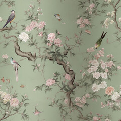 bird and peony chinoiserie seamless pattern