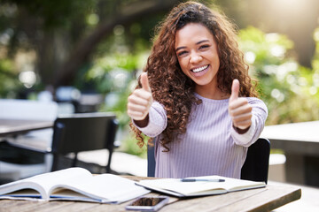 Poster - Thumbs up, studying and portrait of woman at outdoor campus, happy remote work or education books. Study, college and face of student or african person like, yes and thanks or success sign and hands