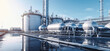 canvas print picture - Hydrogen power plant, large steel tanks and pipes, wide angle photo. Clean H2 energy concept as imagined by Generative AI