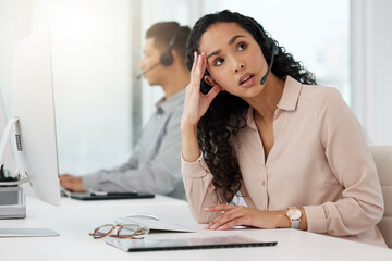 Fototapete - Business woman, call center and frustrated in stress, burnout or customer service at office. Annoyed and tired female person, consultant or agent talking to difficult client or complaint at workplace