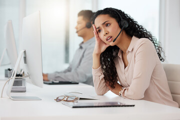 Wall Mural - Business woman, call center and frustrated in customer service, stress or burnout at office. Annoyed and tired female person, consultant or agent talking to difficult client or complaint at workplace