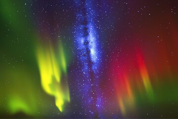 Sticker - Milky Way and Northern lights. Red green aurora. Night starry sky