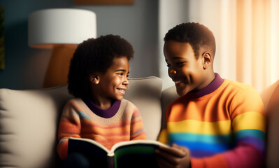 2 two Cute african american teenagers boy and girl sitting on sofa and reading one book with smiley faces. Reading for fun. Kids at home in living room. generative ai