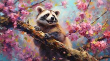Art Illustration Of Cute Raccoon In Flower Blossom Atmosphere, Generative Ai