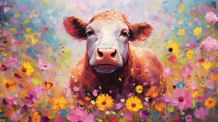 Wall Mural - art illustration of cute cow in flower blossom atmosphere, Generative Ai