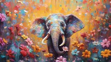 Art Illustration Of Cute Elephant In Flower Blossom Atmosphere, Generative Ai