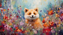 Art Illustration Of Cute Fox In Flower Blossom Atmosphere, Generative Ai