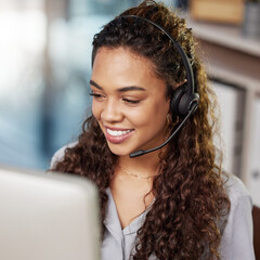 Poster - Call center communication, computer or happy woman typing at telecom customer services office job. Microphone, face or friendly sales agent consulting, speaking or talking in tech support help desk