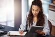 © Matthew C/peopleimages.com - Tablet, writing and research with business woman in office for idea, networking or website. Schedule, internet and technology with female employee with notebook for entrepreneur, email and planning