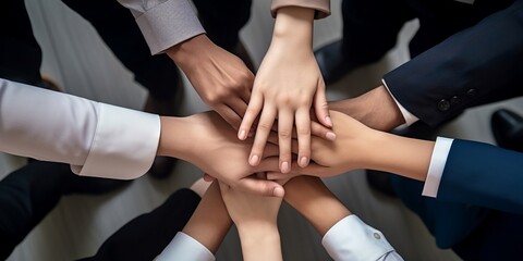 Success of team concept, Top view hands of Business teamwork join hands together in office, Generative AI