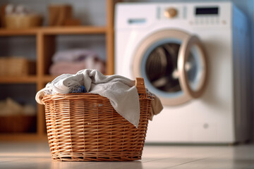 Laundry basket on a rack beside of a washing machine