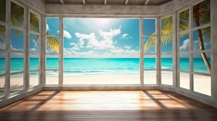 Wall Mural - Beautiful view window for luxury lifestyle design. Natural background. Stock illustration. Summer nature decoration with palm. Travel Design background.