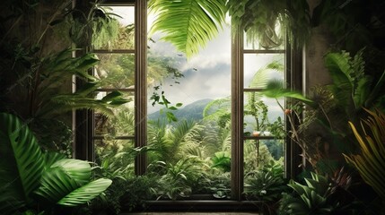 Wall Mural - Beautiful Travel natural landscape. View window in realistic style on natural background.