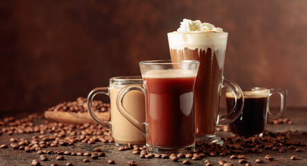 Various coffee and chocolate drinks on a brown background.